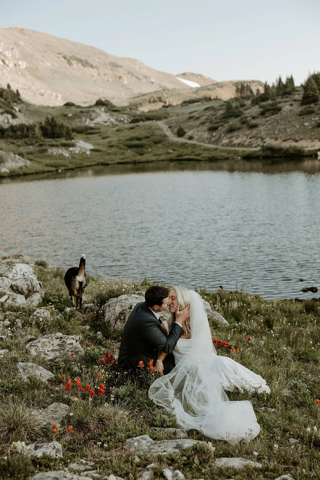 A bride and groom taking destination wedding photos in the mountains
