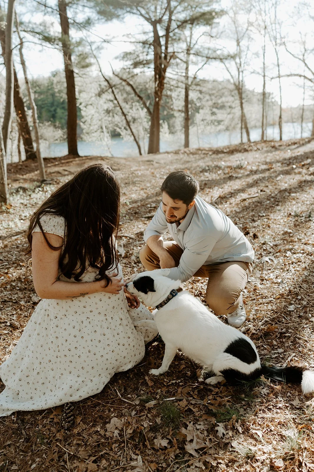 A couple taking maternity photos with their dog
