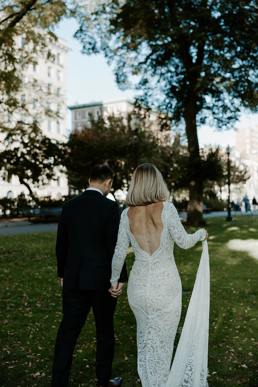 A bride and groom at their Boston Public Garden wedding