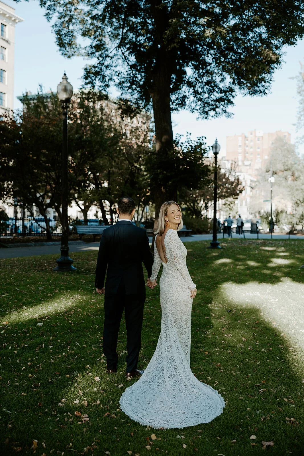 A bride and groom at their Boston Public Garden wedding