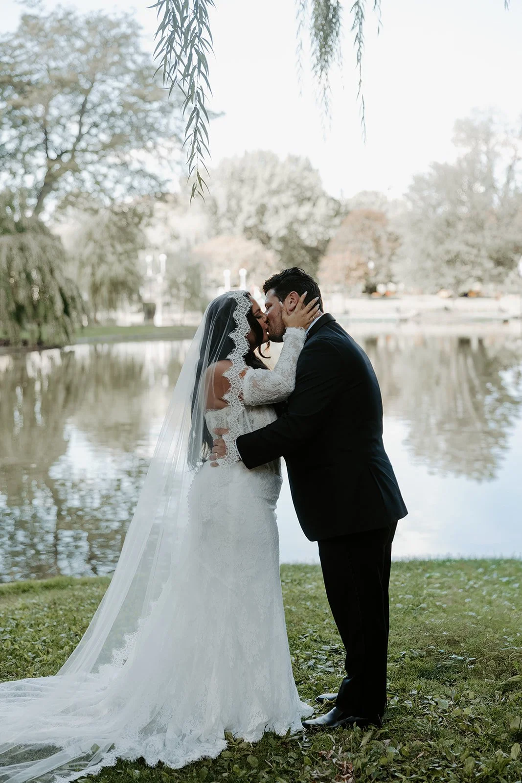 A bride and groom during the ceremony of their Boston Public Garden wedding