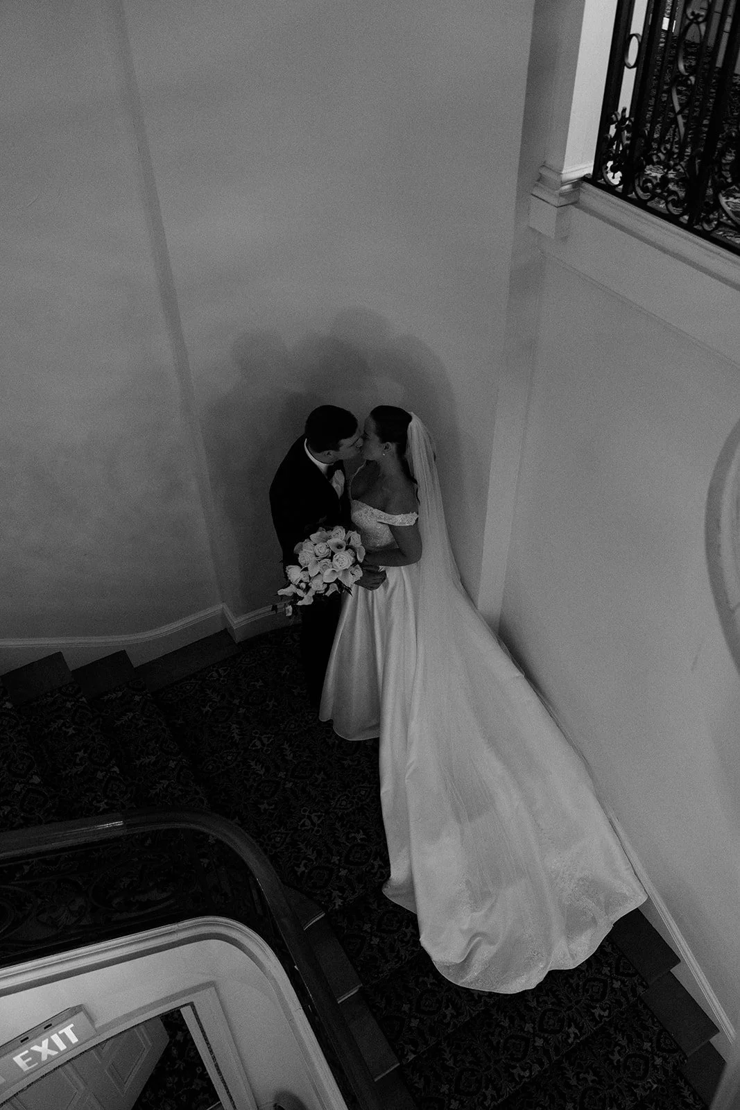 A bride and groom in an estate wedding setting