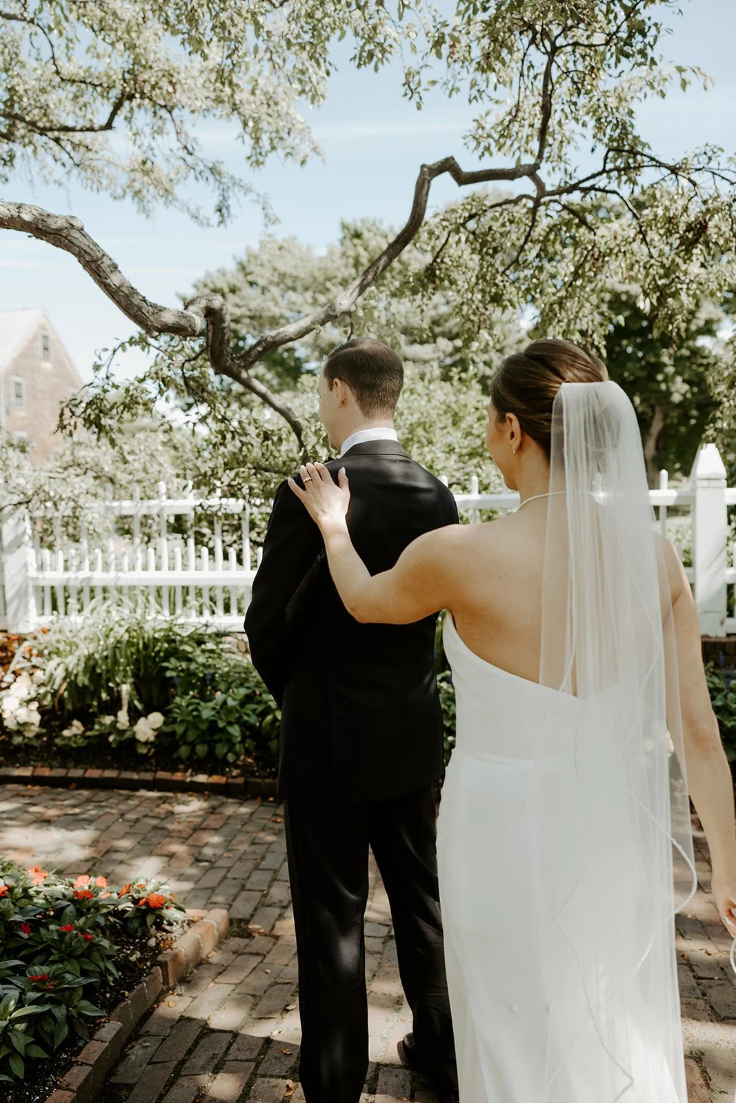 A bride and groom during a first look