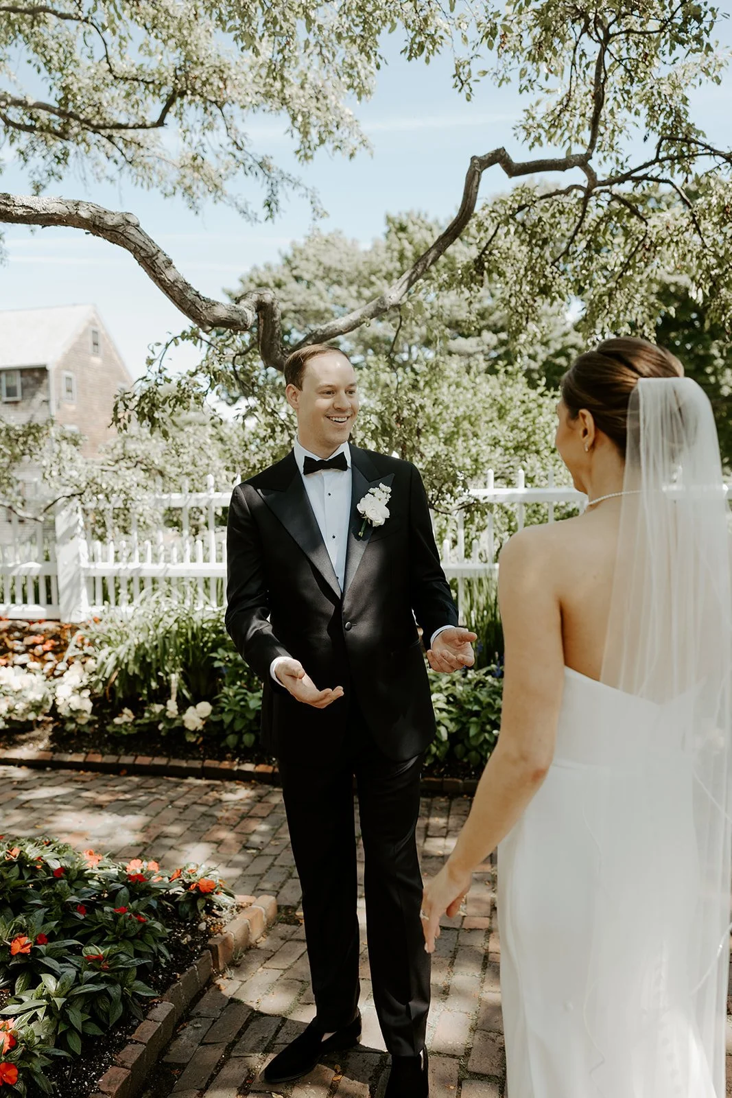 A bride and groom during a first look