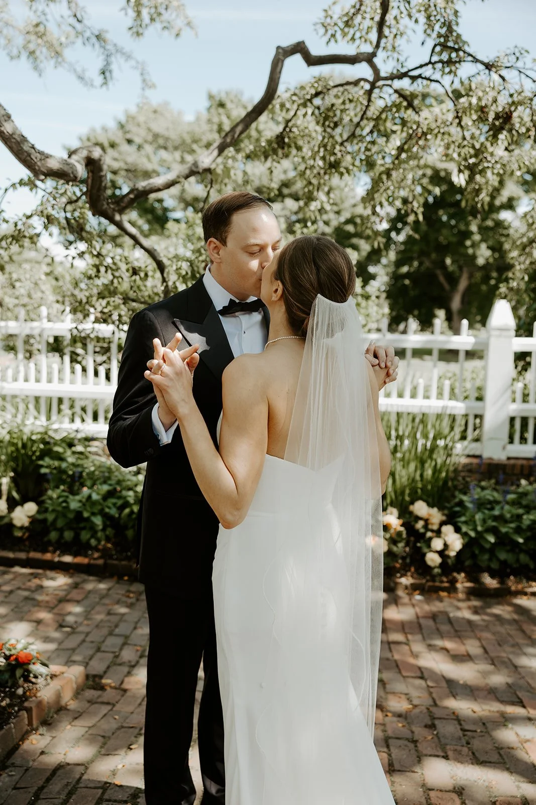 A bride and groom during a first look
