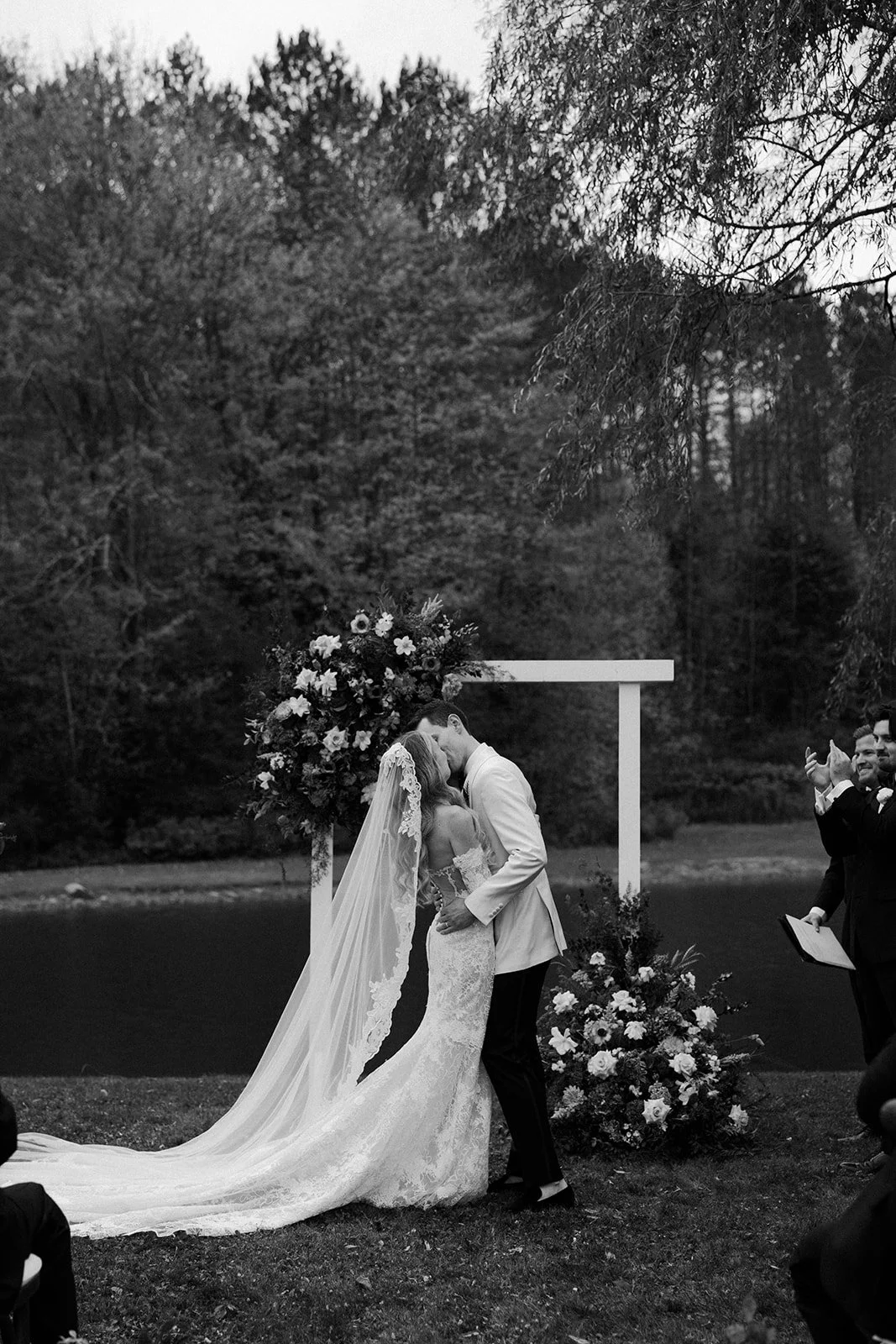 A bride and groom's first kiss