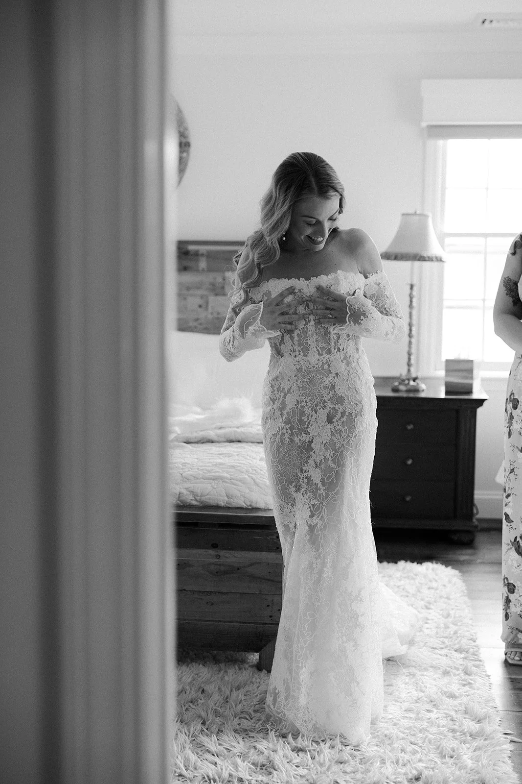 A bride's long sleeve fall wedding dress