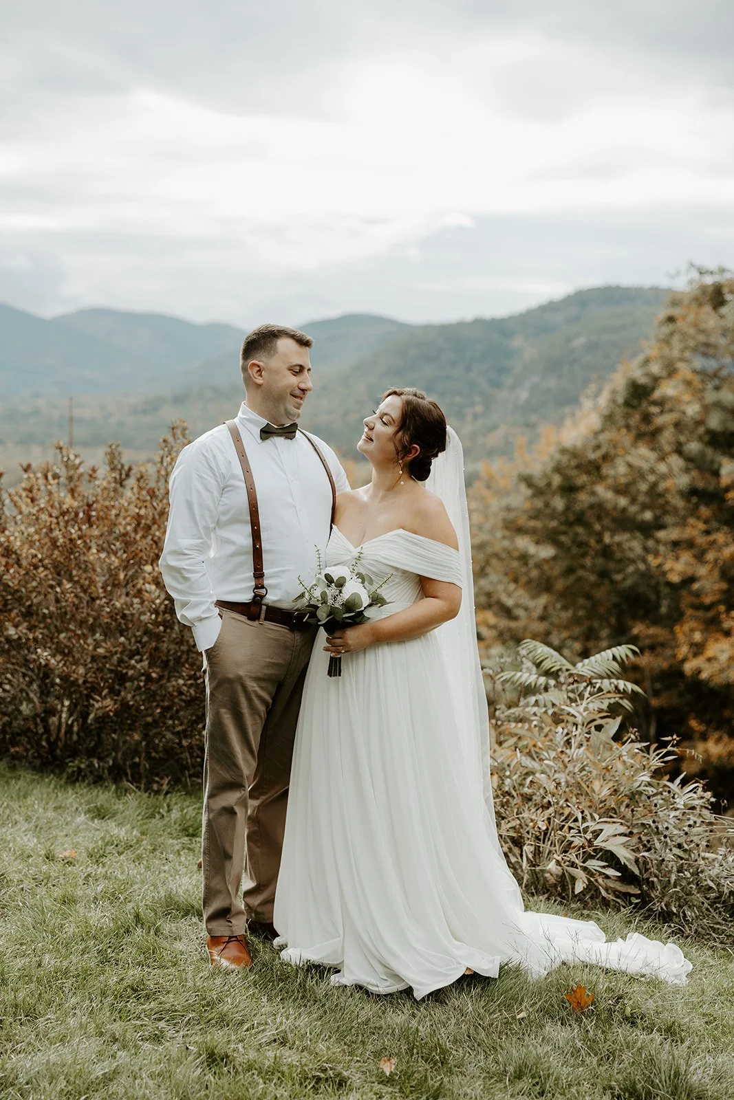 A bride and groom in the mountains in New Hampshire