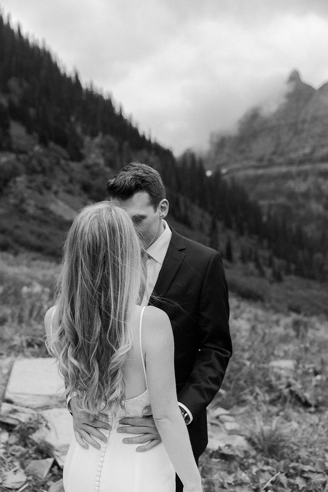 A bride and groom at a mountain elopement location