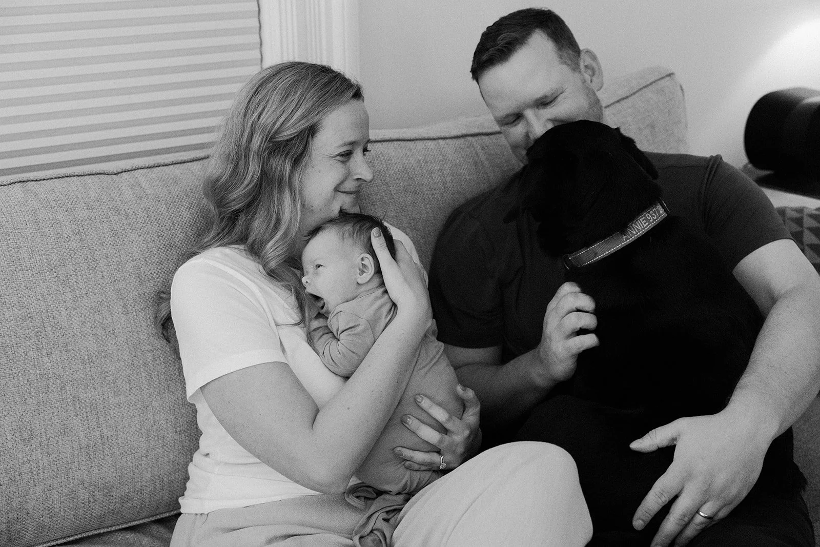 A couple taking newborn photos with their dog