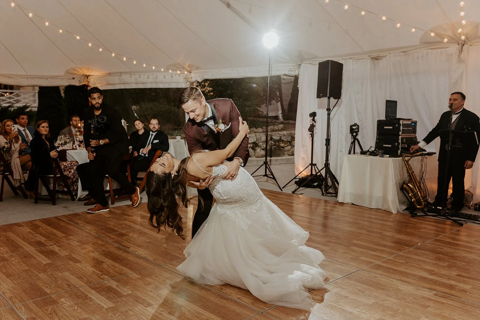 A couple during their first dance at their Glen Magna Farms wedding