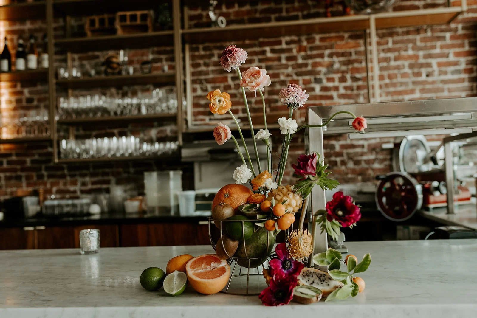 A floral arrangement for a restaurant wedding