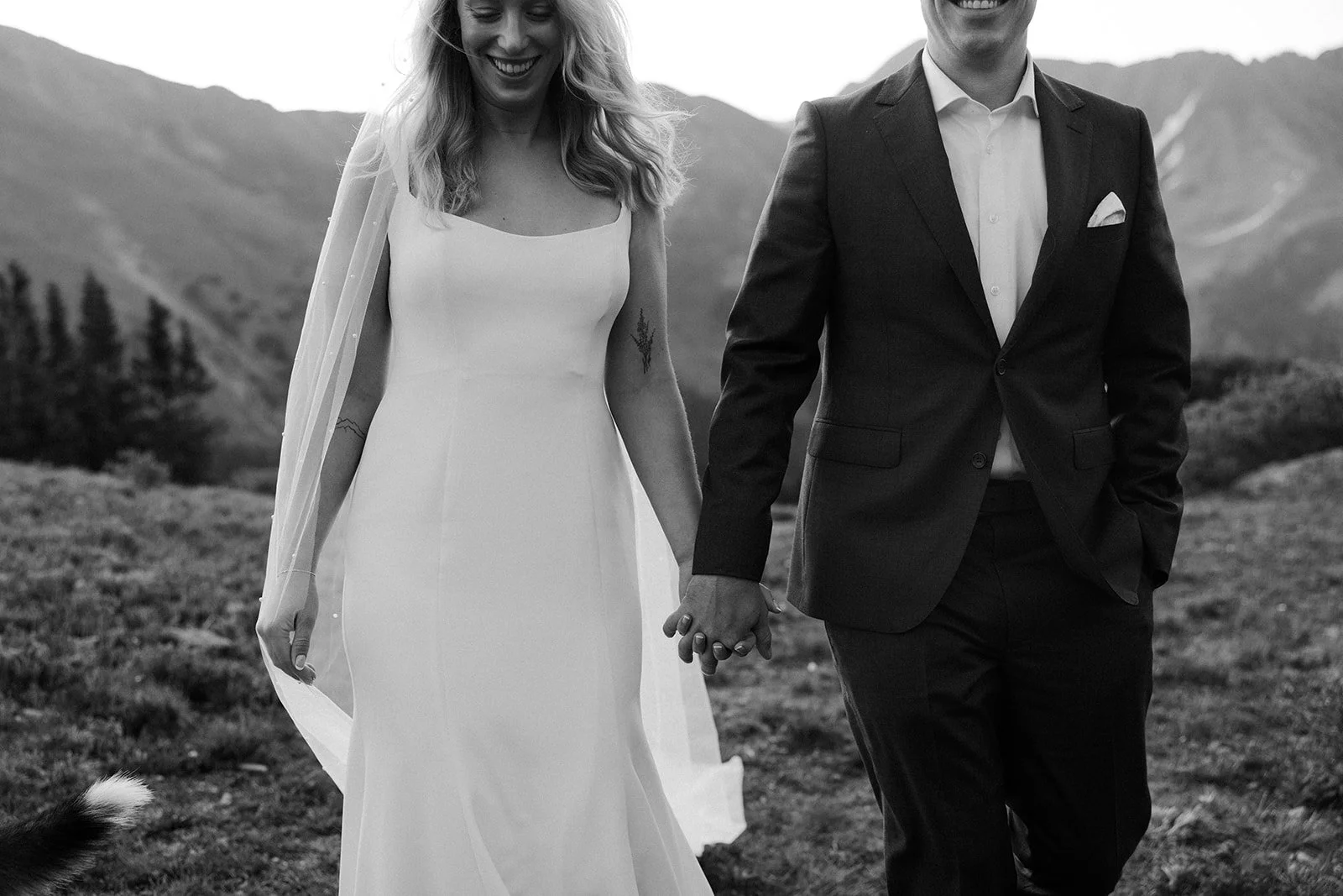 A bride and groom holding hands in wedding photos