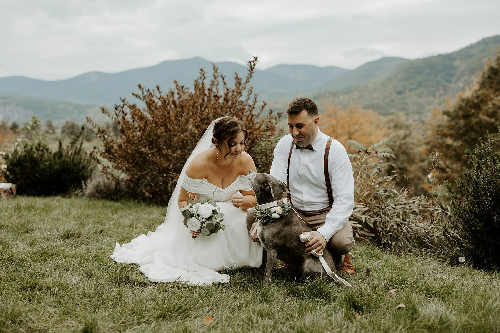 A bride and groom with their dog at their mountain elopement location