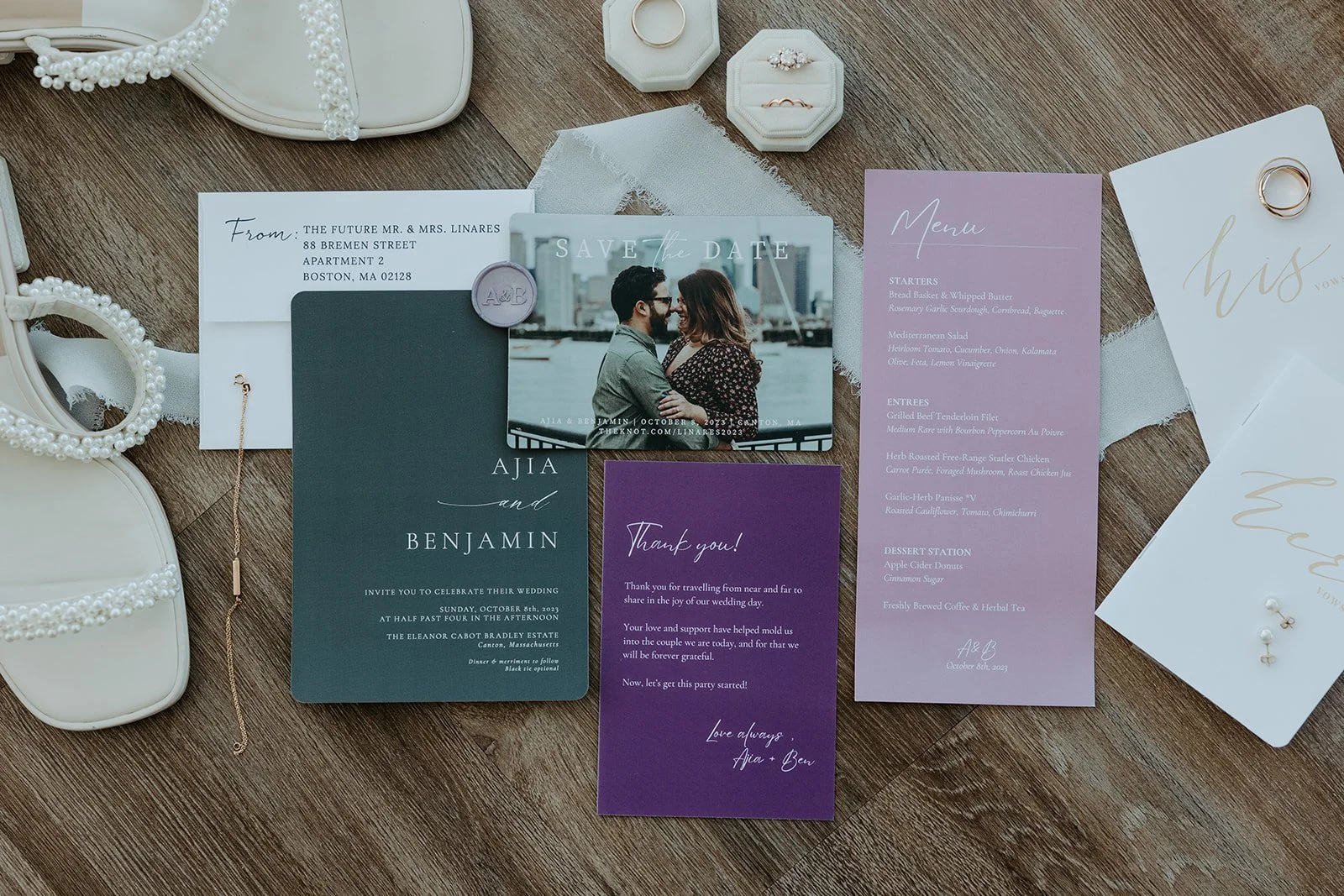 A wedding flat lay with purple wedding details