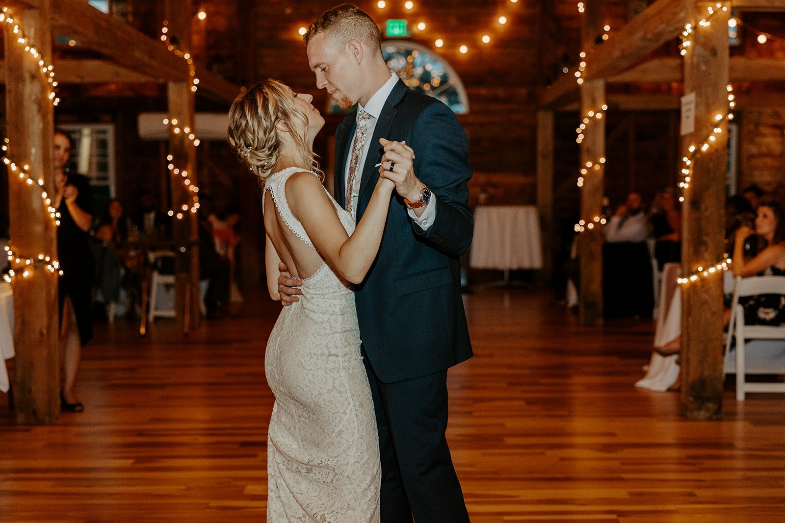 A bride and groom during their first dance