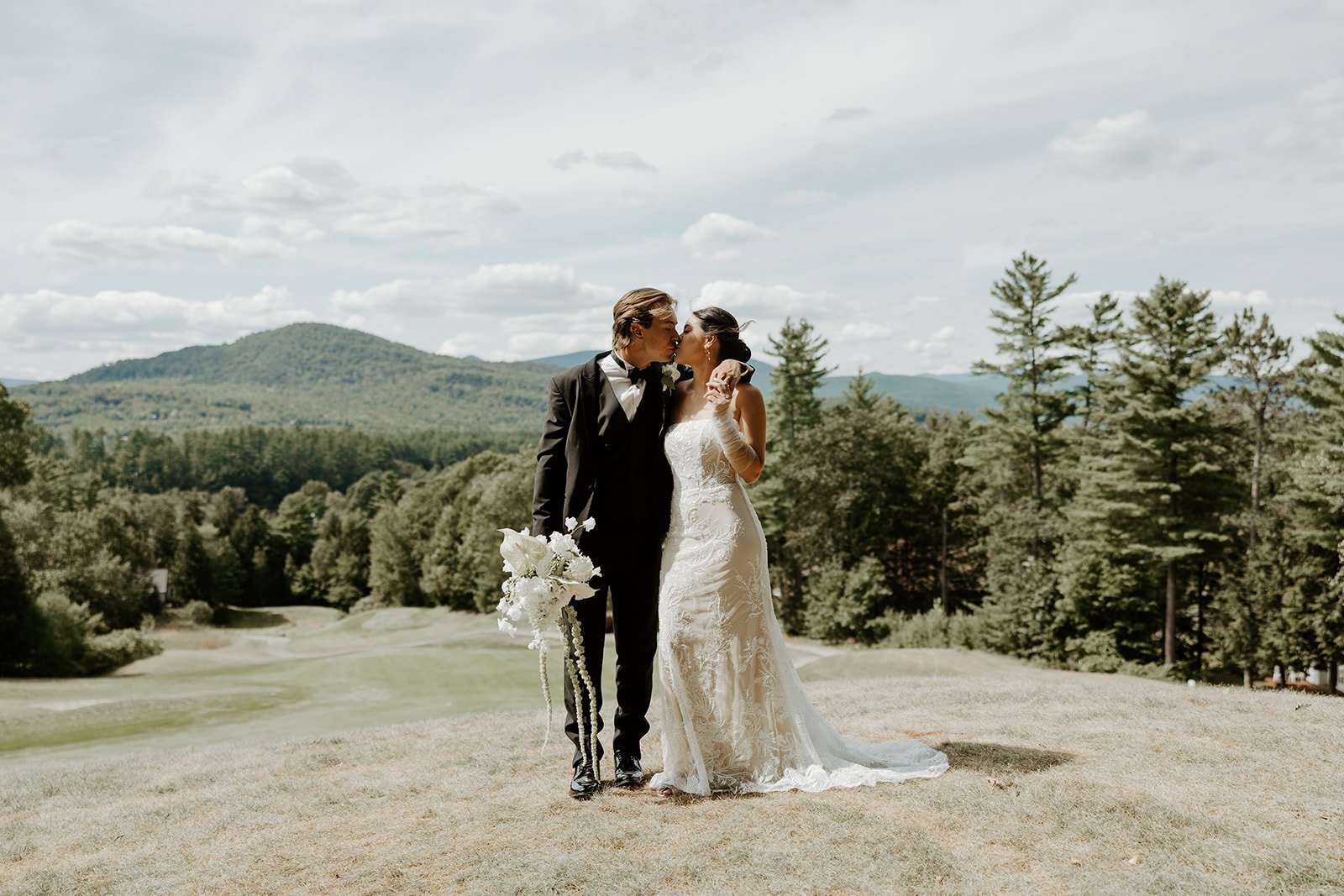 A bride and groom at a mountain new hampshire wedding venue