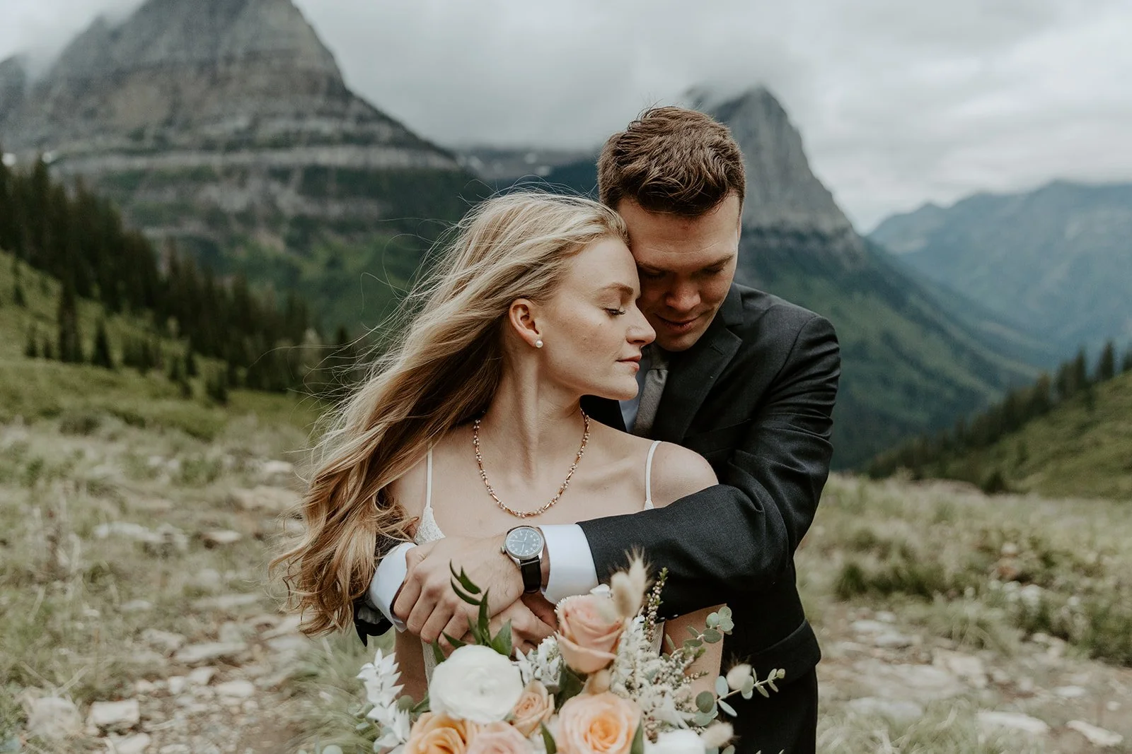 A bride and groom at their mountain elopement