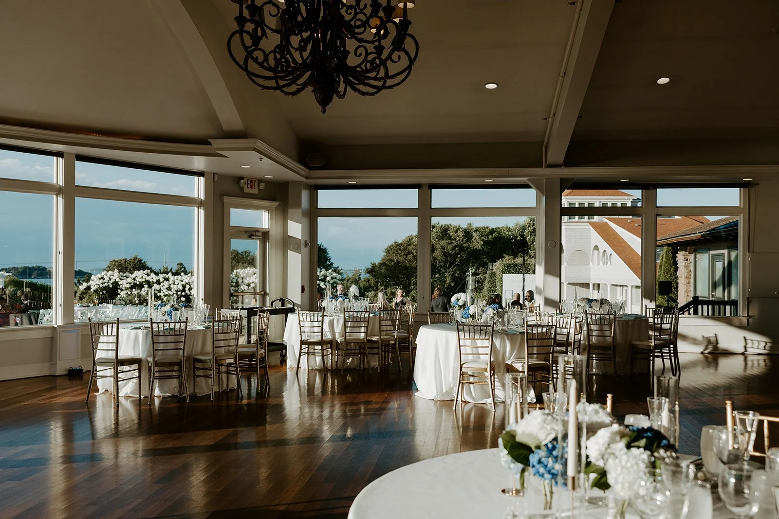 A wedding reception setup inside of a Rhode Island wedding venue