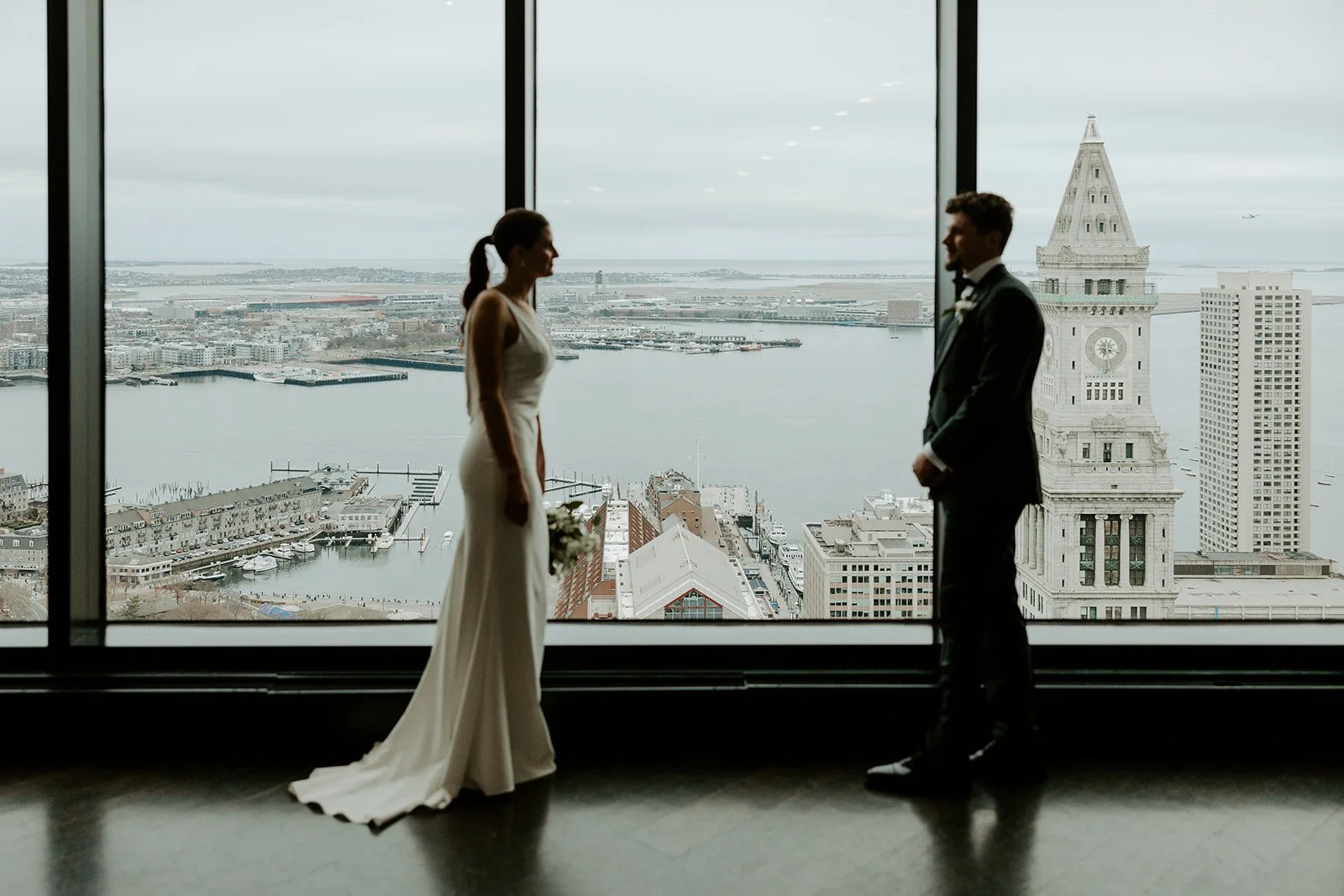 A bride and groom at their city wedding
