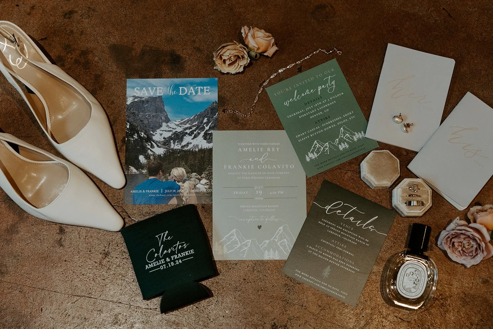 A wedding flat lay with invitations for a destination wedding