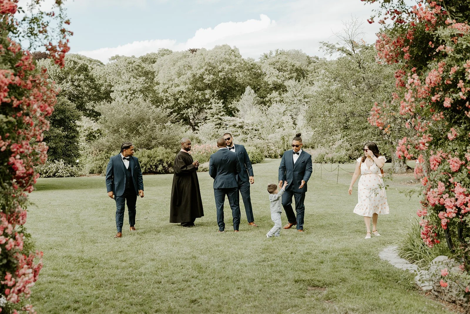Guests outside for a Boston elopement at Arnold Arboretum