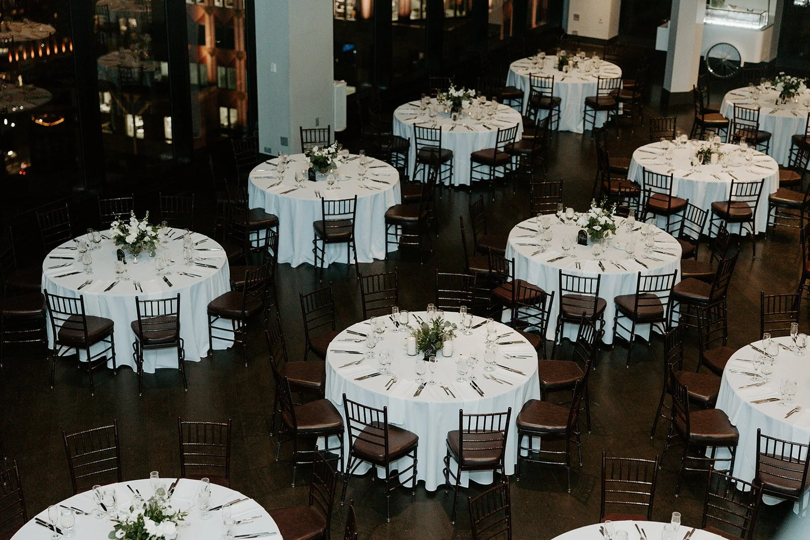 An aerial view of an off-season wedding reception
