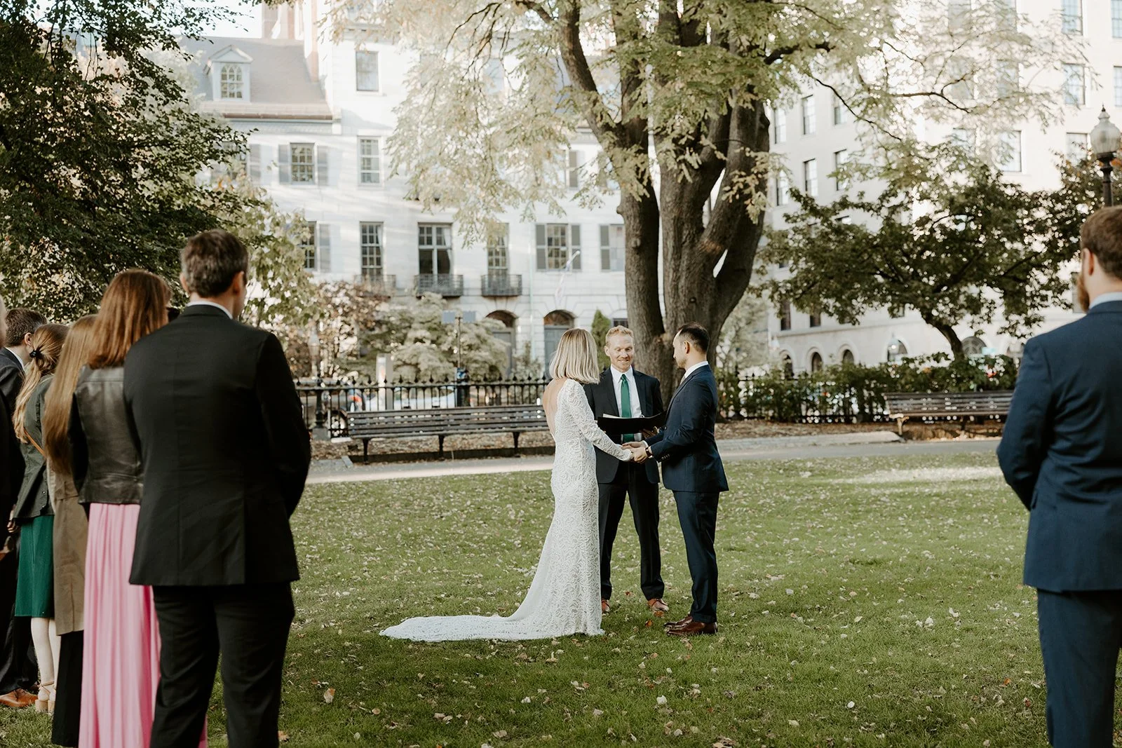 A bride and groom at their Boston Public Garden wedding ceremony