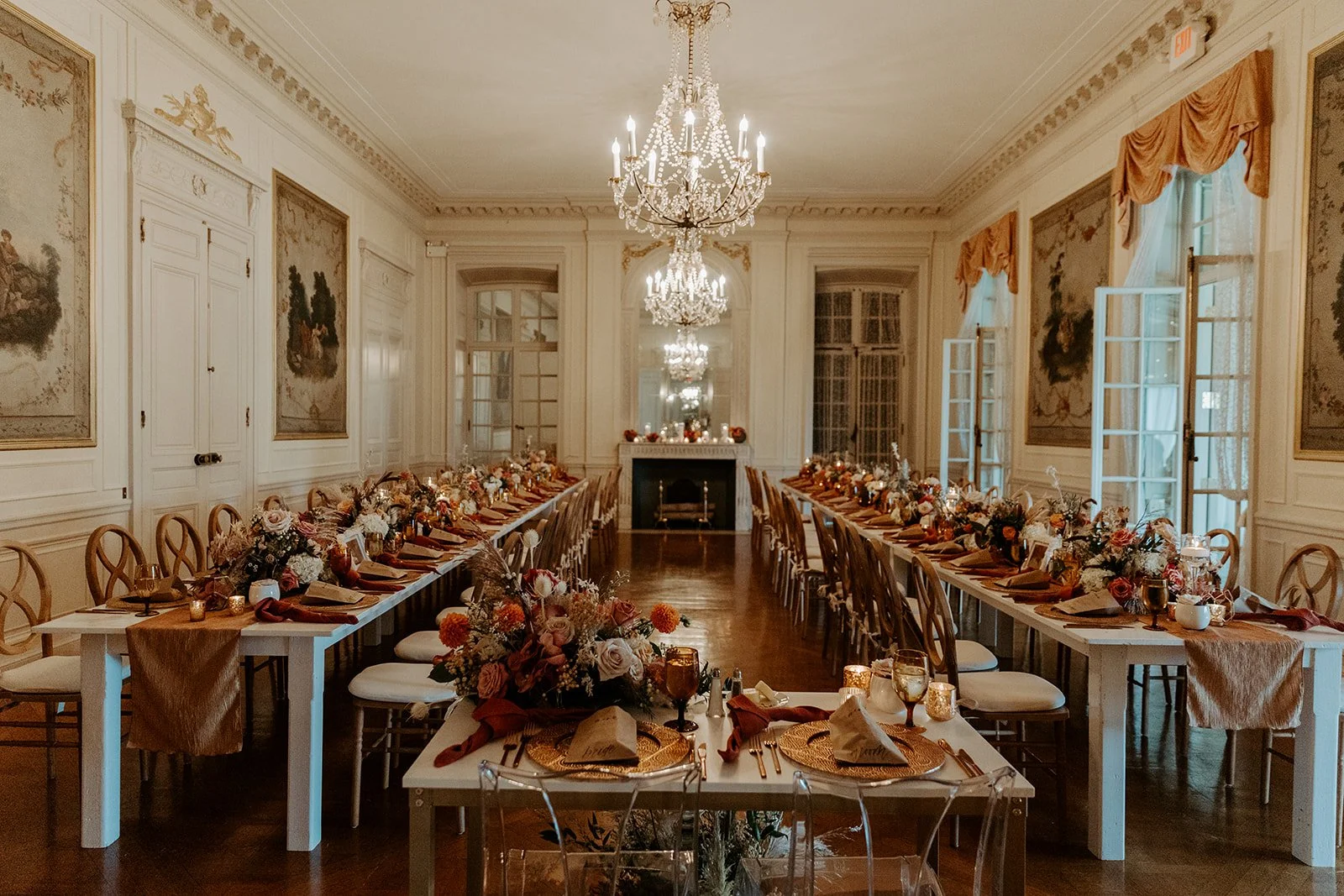 A wedding reception setup inside of Glen Manor House, a Rhode Island wedding venue