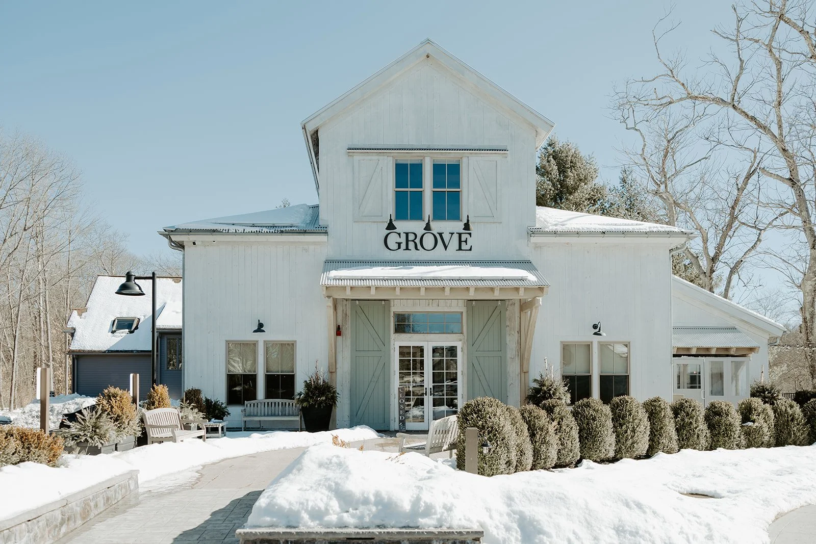 A view of the grove at briar barn inn from a winter wedding