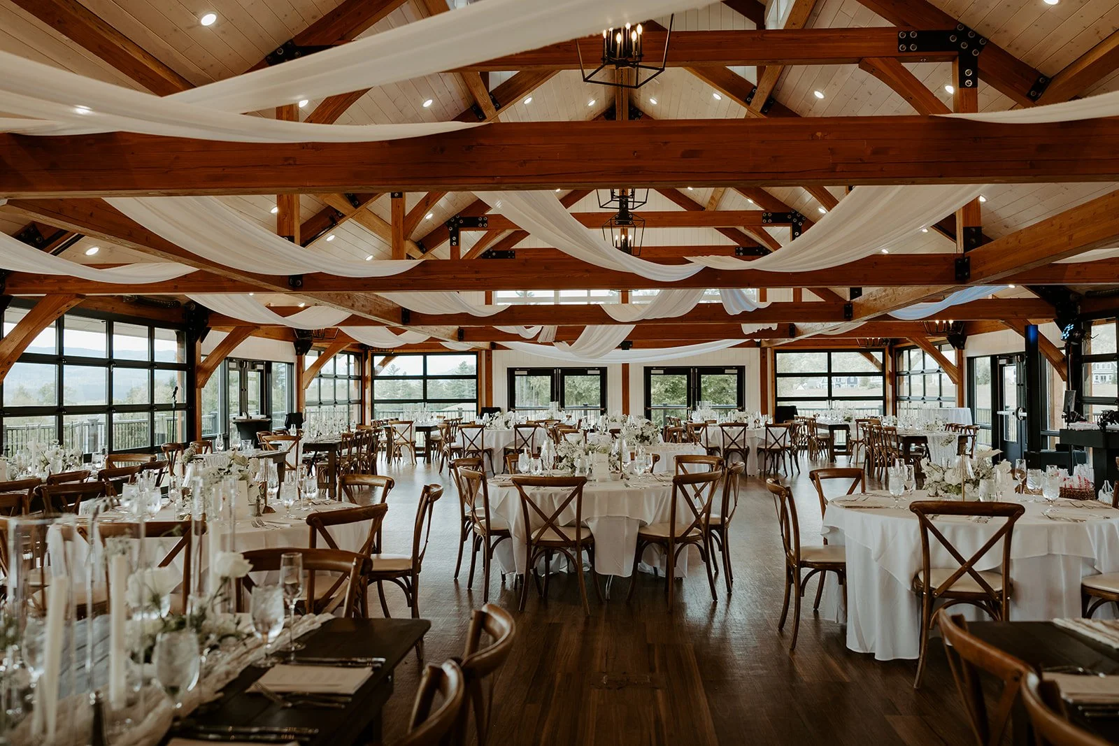 A wedding reception setup at Owls Nest Resort