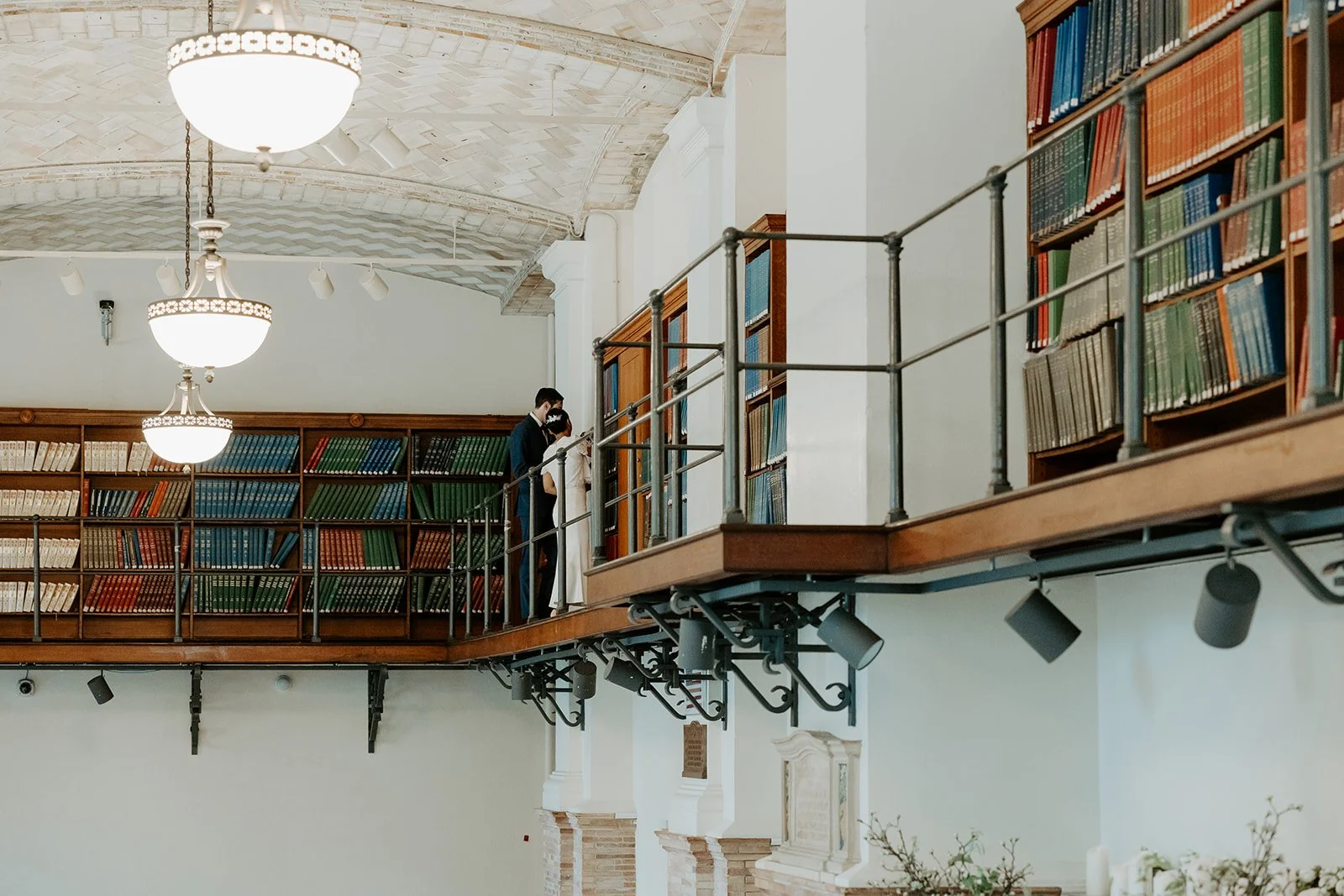 A couple posing for boston public library wedding photos