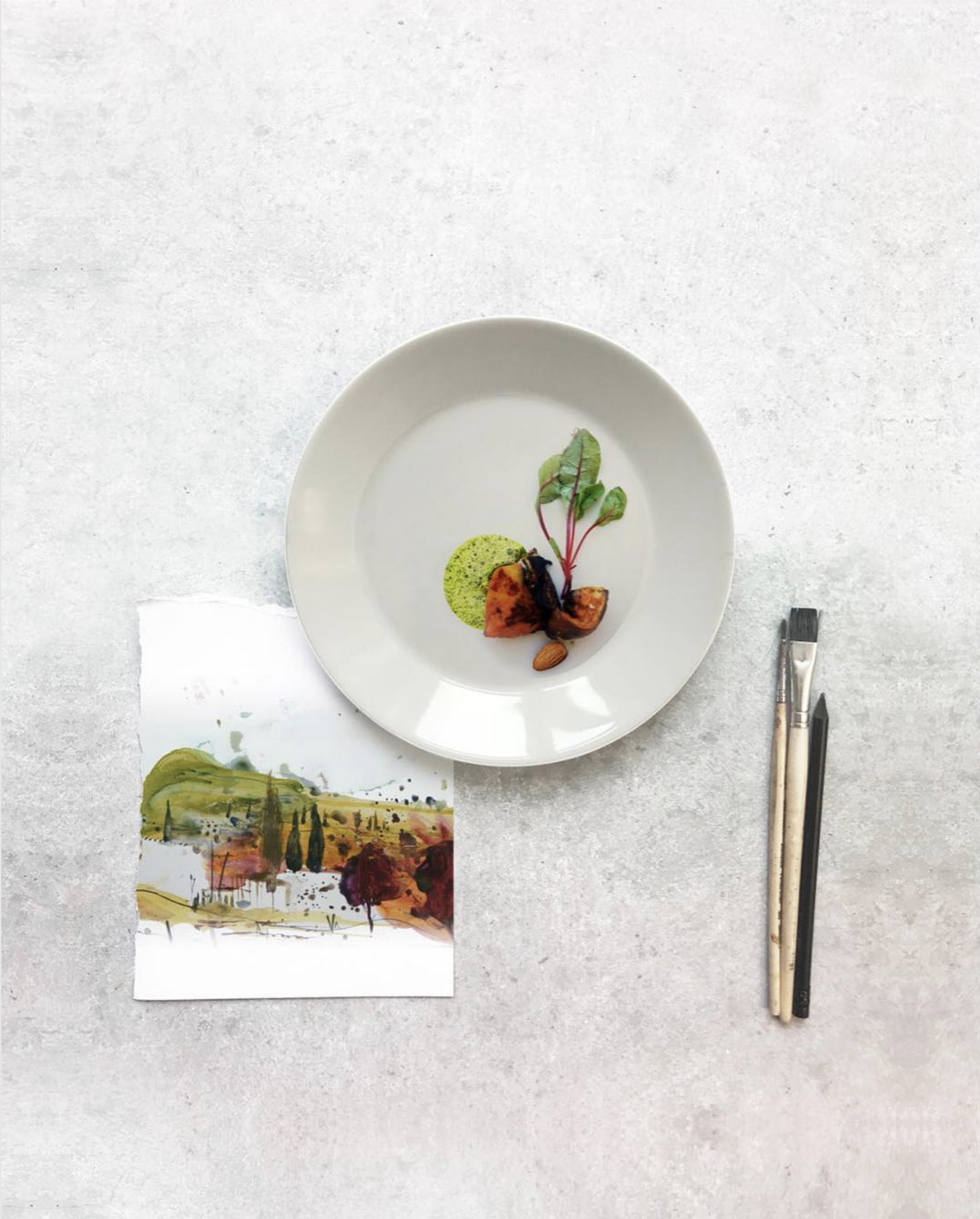Notizen aus Spanien: Gebackene Süßkartoffeln, Baby-Mangold, Minzvinaigrette, Mandel.