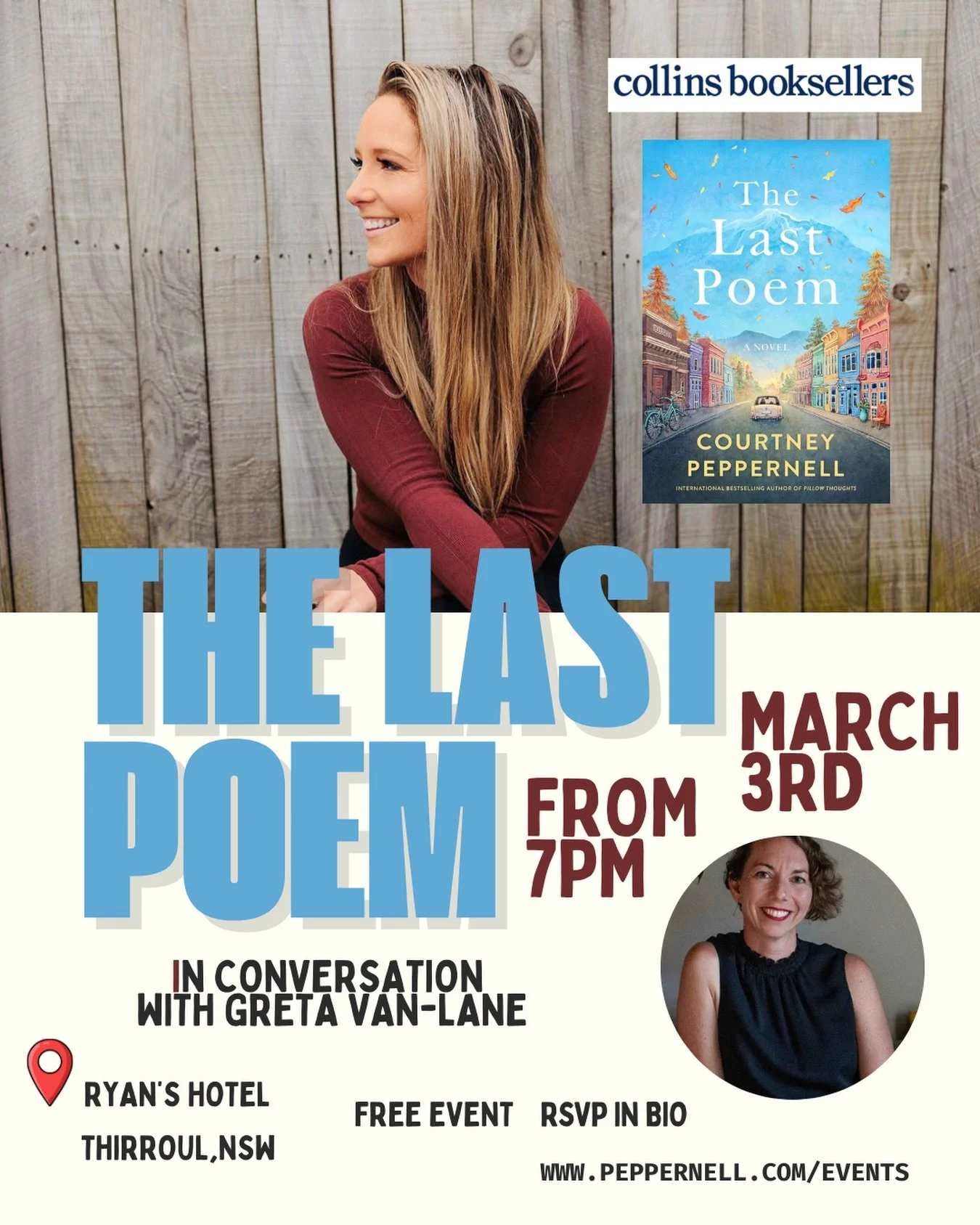 I finally get to celebrate a book launch at home! If you feel like a bookish night out (chat, conversation, signing, and proper toast), I&rsquo;d love to see you. I&rsquo;ll be launching The Last Poem at Ryan&rsquo;s Hotel in Thirroul on March 3rd, i