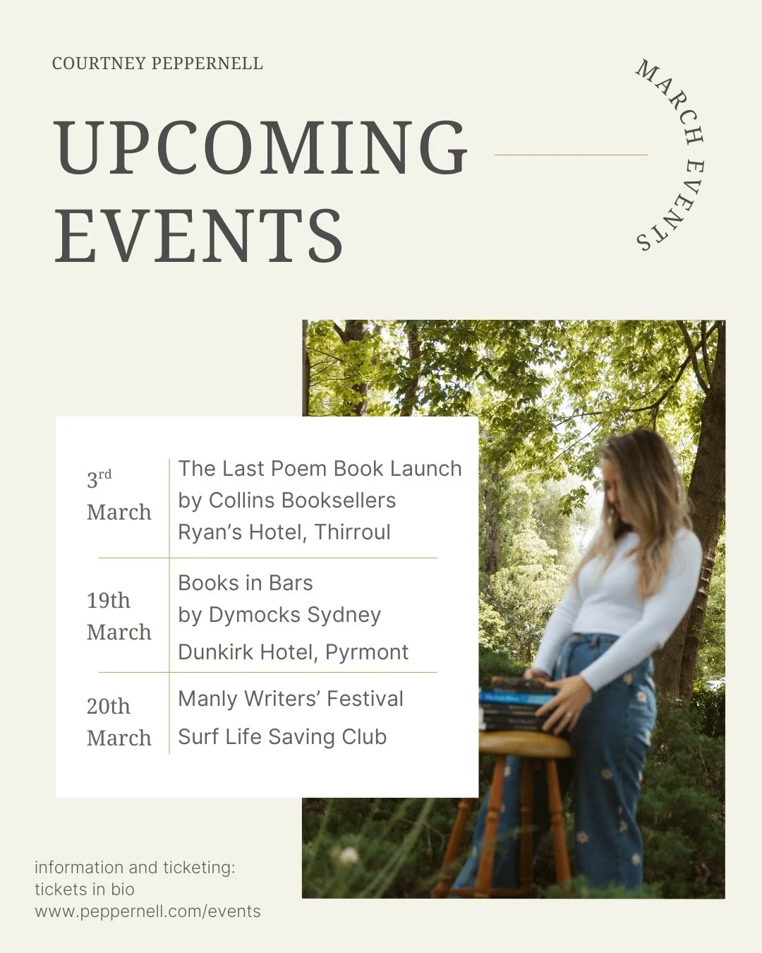 March is looking VERY busy (and I&rsquo;d love to see you there) ✨

🗓️ MARCH 3
THE LAST POEM Book Launch
Hosted by Collins Bookseller
📍Ryans Hotel, Thirroul, NSW
🕖 7:00pm

🗓️ MARCH 19
Books in Bars
Hosted by Dymocks Sydney
📍Dunkirk Hotel, Pyrmon