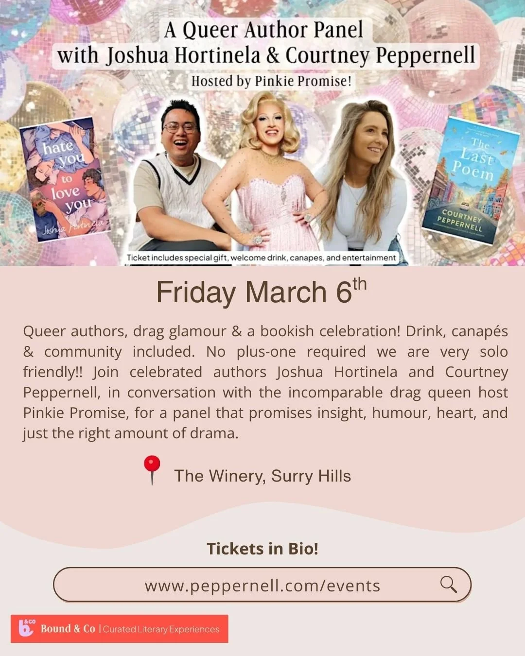 I&rsquo;m so excited to be joining @joshhortinelawriter for A Queer Author Panel hosted by the amazing @itspinkiepromise ✨ 

🗓️ Friday March 6
🕕 From 6pm
📍 The Winery, Surry Hills
🥂 Ticket includes a welcome drink, canap&eacute;s, entertainment +