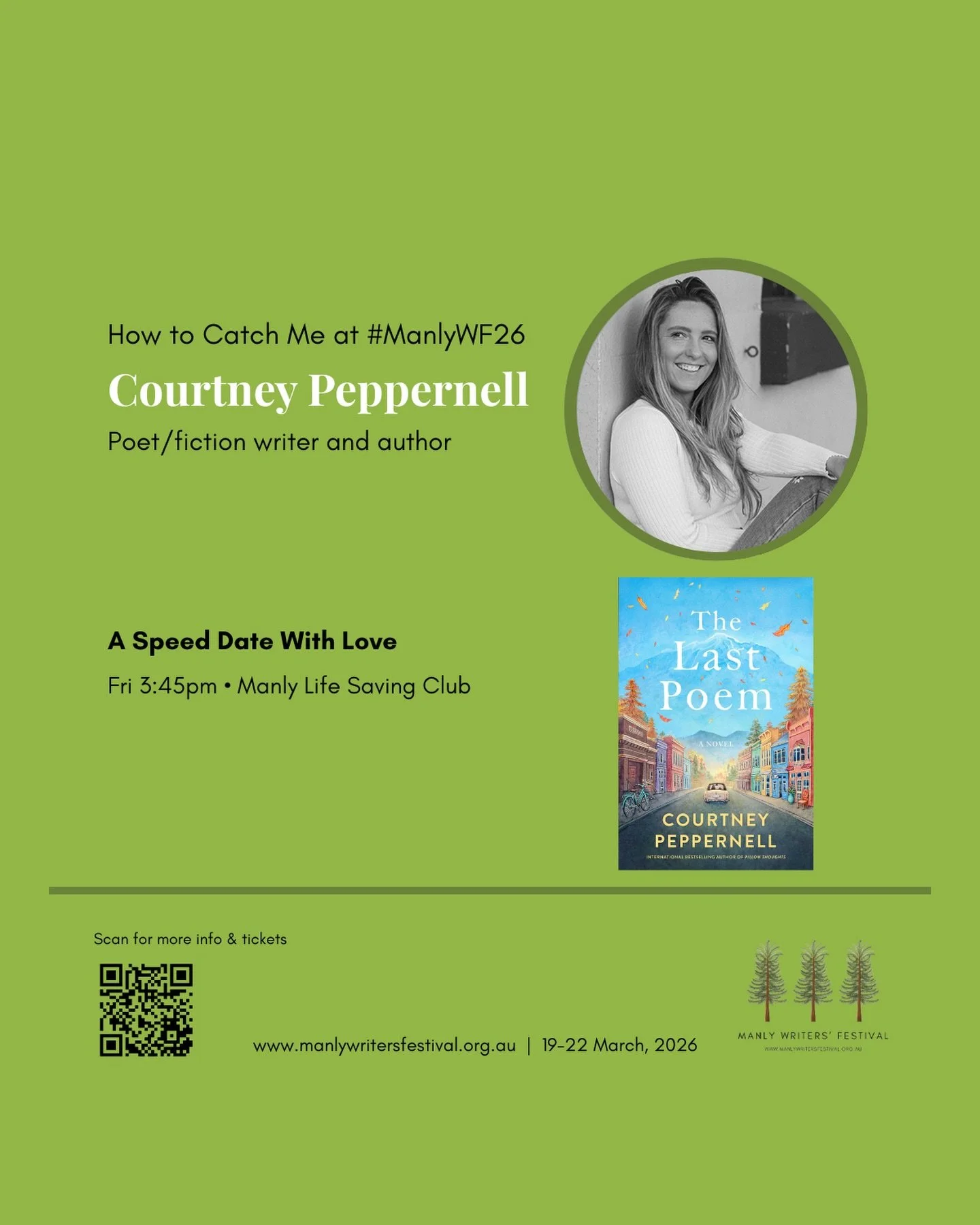 I&rsquo;m so excited to be part of Manly Writers&rsquo; Festival 2026! 🌿📚

If you&rsquo;re coming along, you can catch me at &ldquo;A Speed Date With Love&rdquo; on Friday at 3:45pm at Manly Life Saving Club. I&rsquo;ll be chatting alongside some w