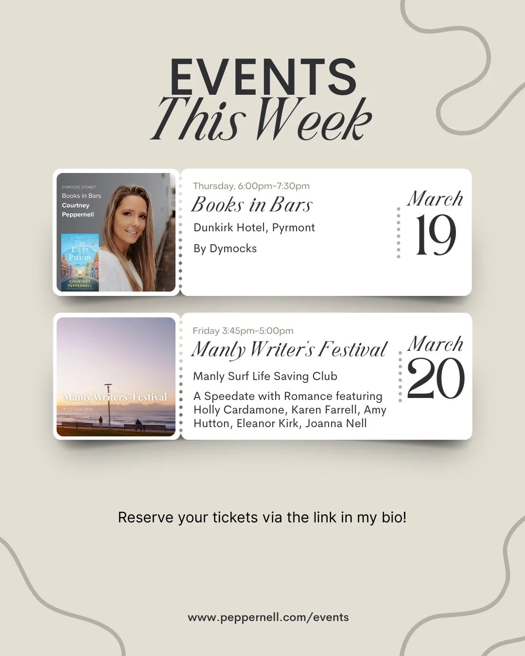 Excited to be part of some wonderful events this week in Sydney! 

📍Books in Bars at Dunkirk Hotel, Pyrmont 

📍Manly Writers&rsquo; Festival, Surf Life Saving Club 

If you&rsquo;d like to come along, I&rsquo;d love to see you there! 

Tickets and 