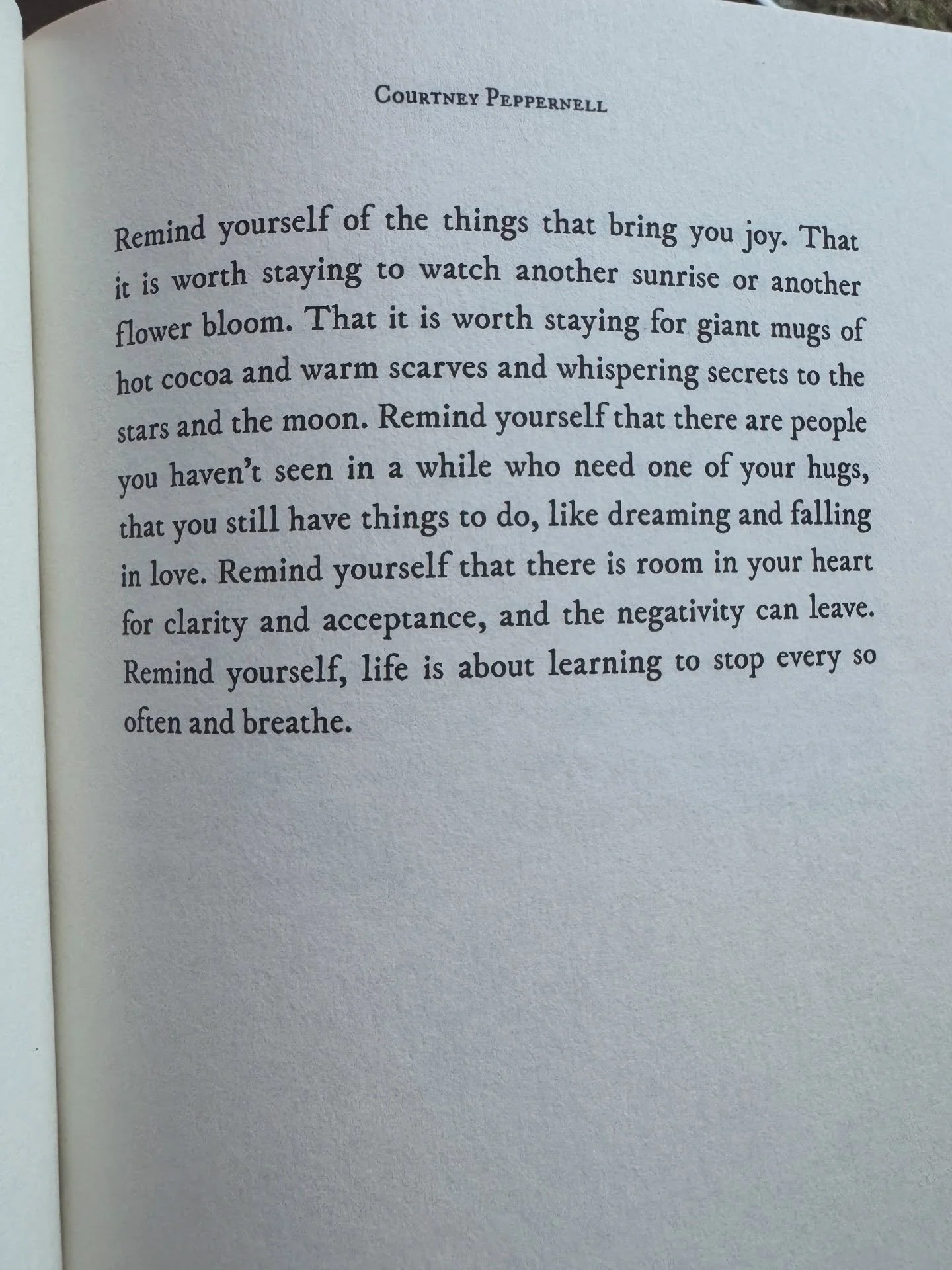 Remind yourself of the things that bring you joy. That it is worth staying to watch another sunrise or another flower bloom. That it is worth staying for giant mugs of hot cocoa and warm scarves and whispering secrets to the stars and the moon. 

Rem