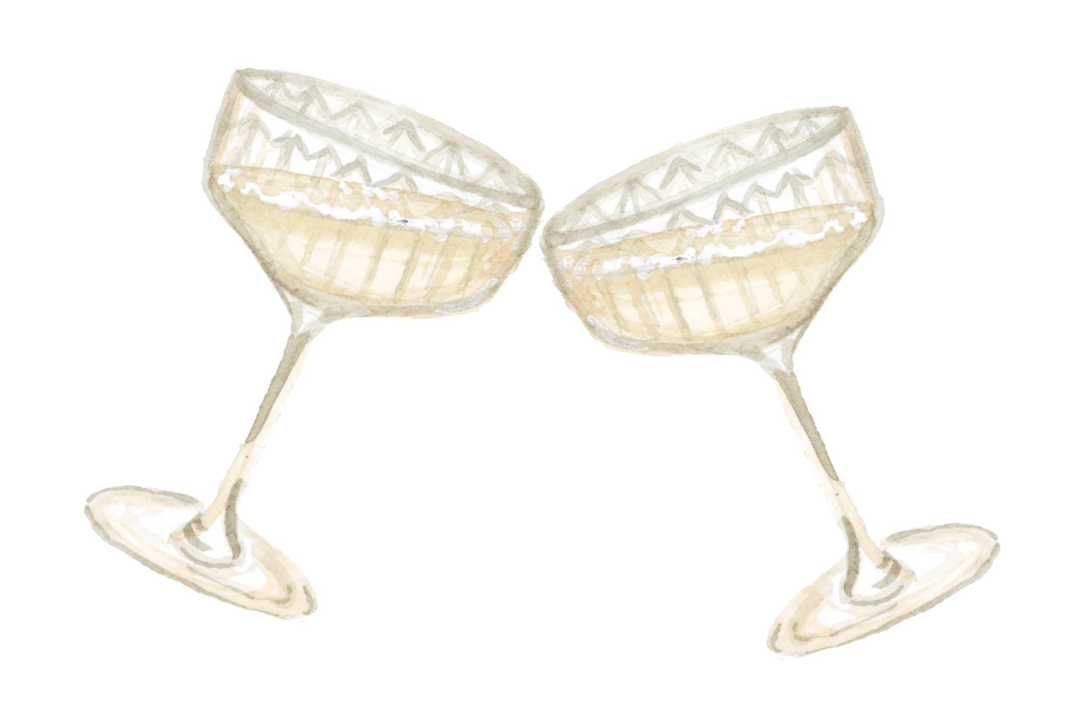 Watercolor illustration of two champagne coupe glasses clinking