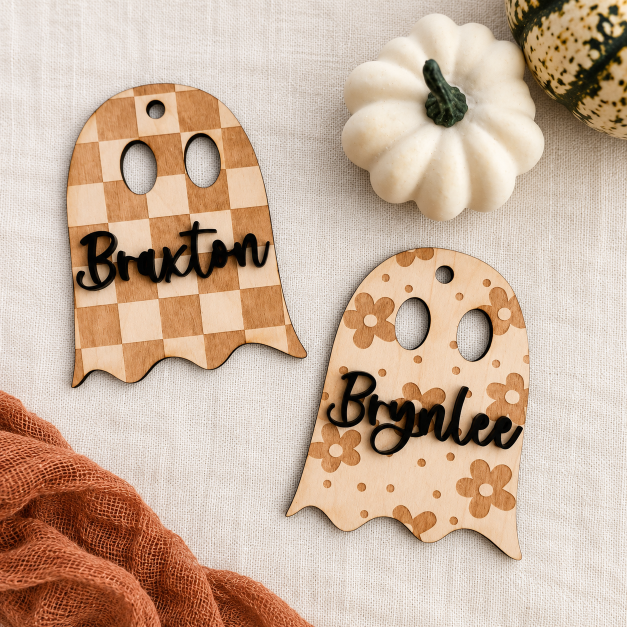 Personalized wooden ghost tags in checkered and floral patterns