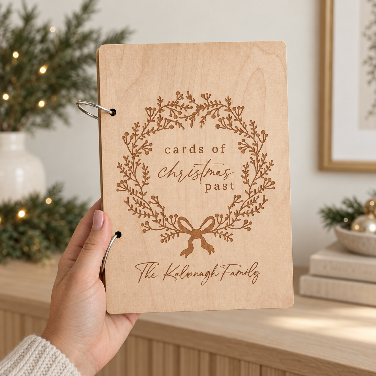 Christmas card holder keepsake with festive background