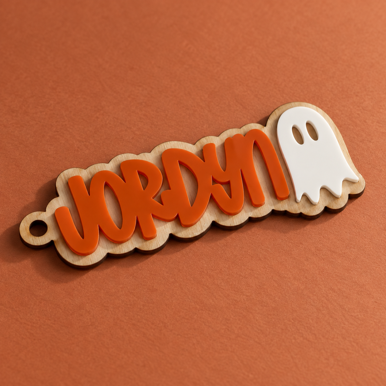 Orange acrylic boo basket tag with white ghost