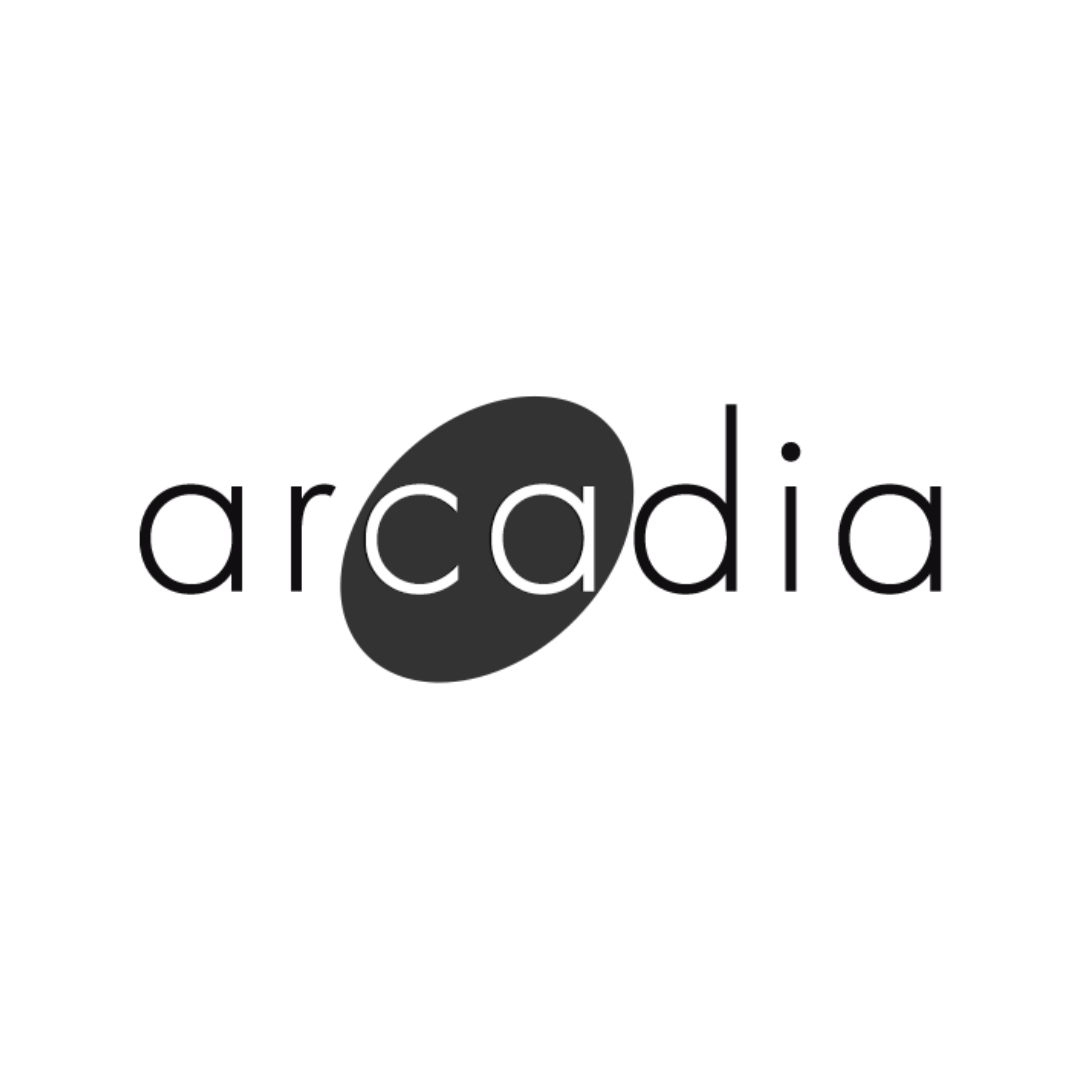 Logo with the word 'arcadia' in lowercase letters, featuring a black oval shape behind the letter 'c'.