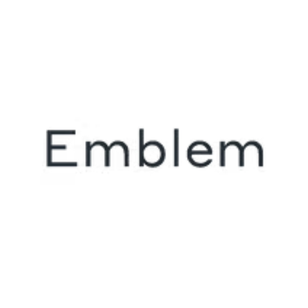 Black logo with the word "Emblem" in silver, stylized text.