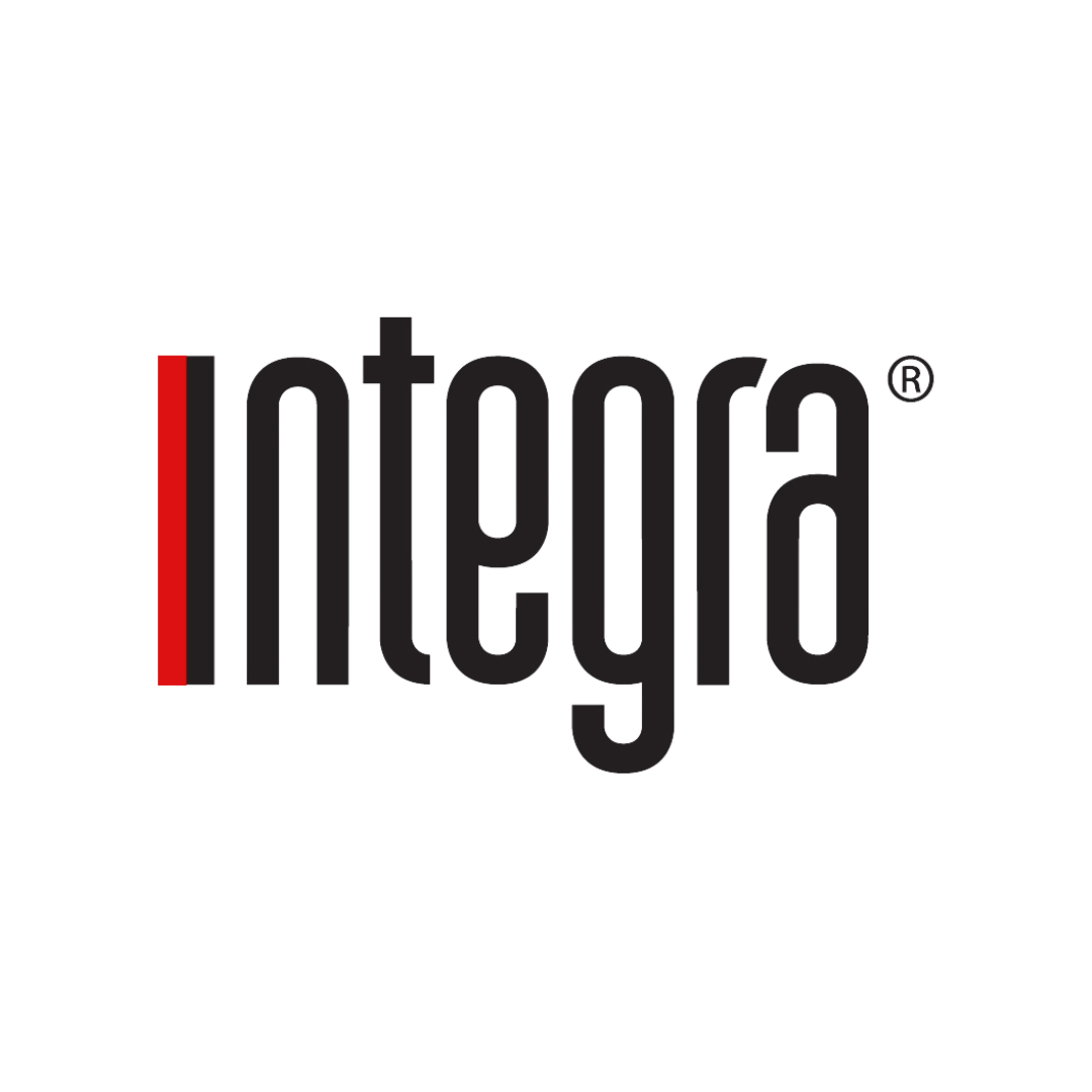 The image shows a logo with the word 'integra' written in lowercase letters. The left side of the 'i' is represented by a red vertical line.