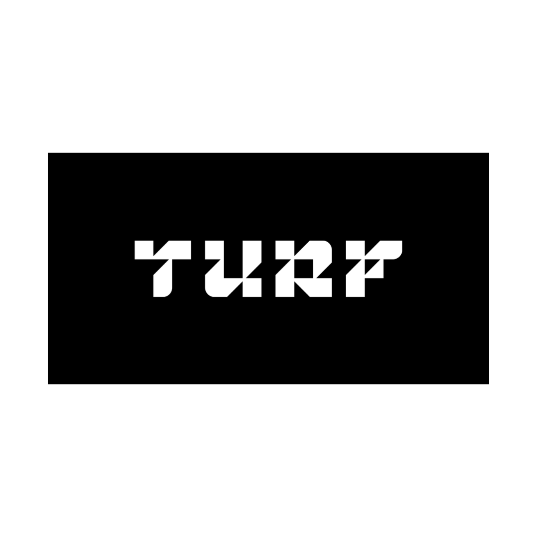 Black background with white stylized text that reads "TURF"