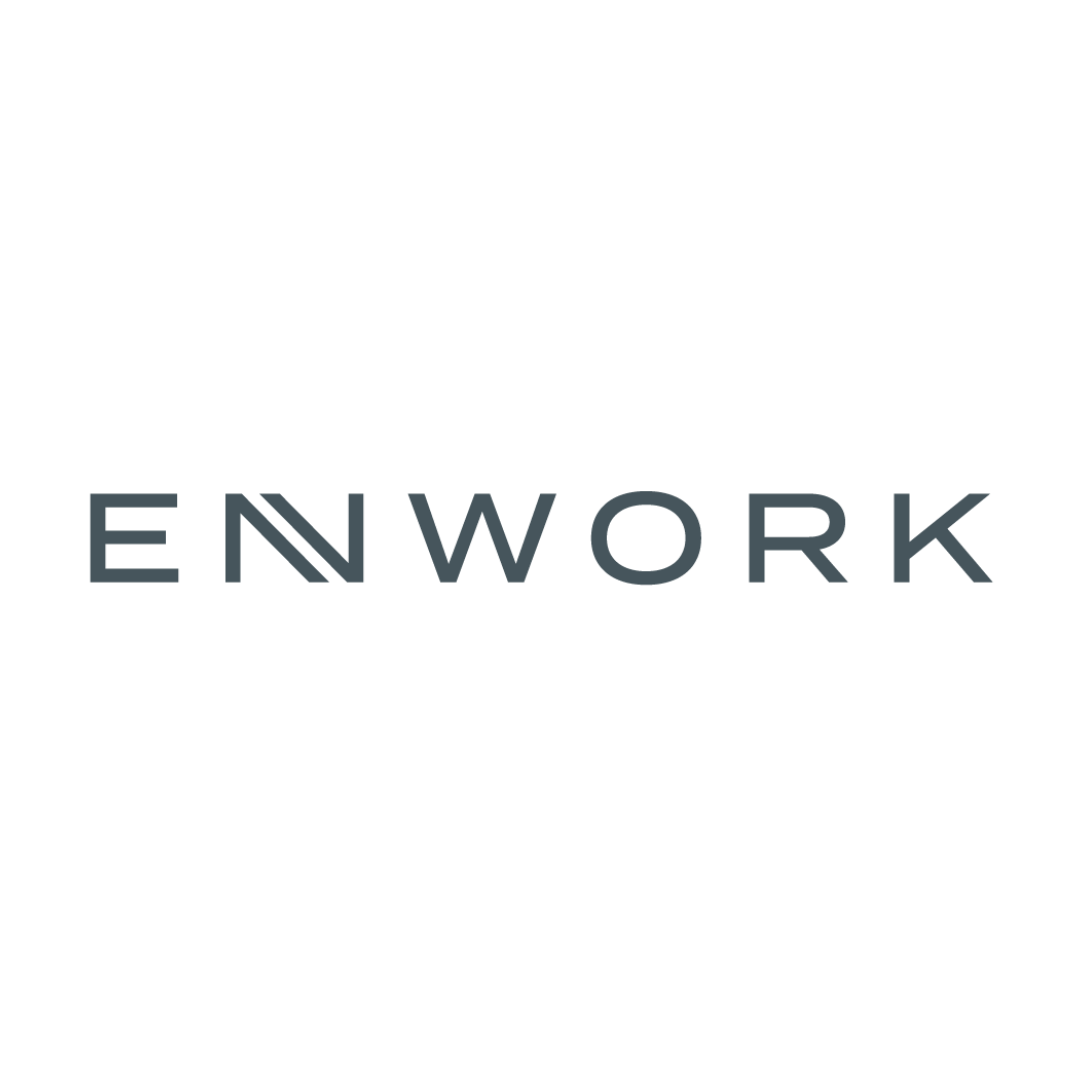 A logo for Enwork with a stylized black emblem above the word 'ENWORK' in dark gray text.