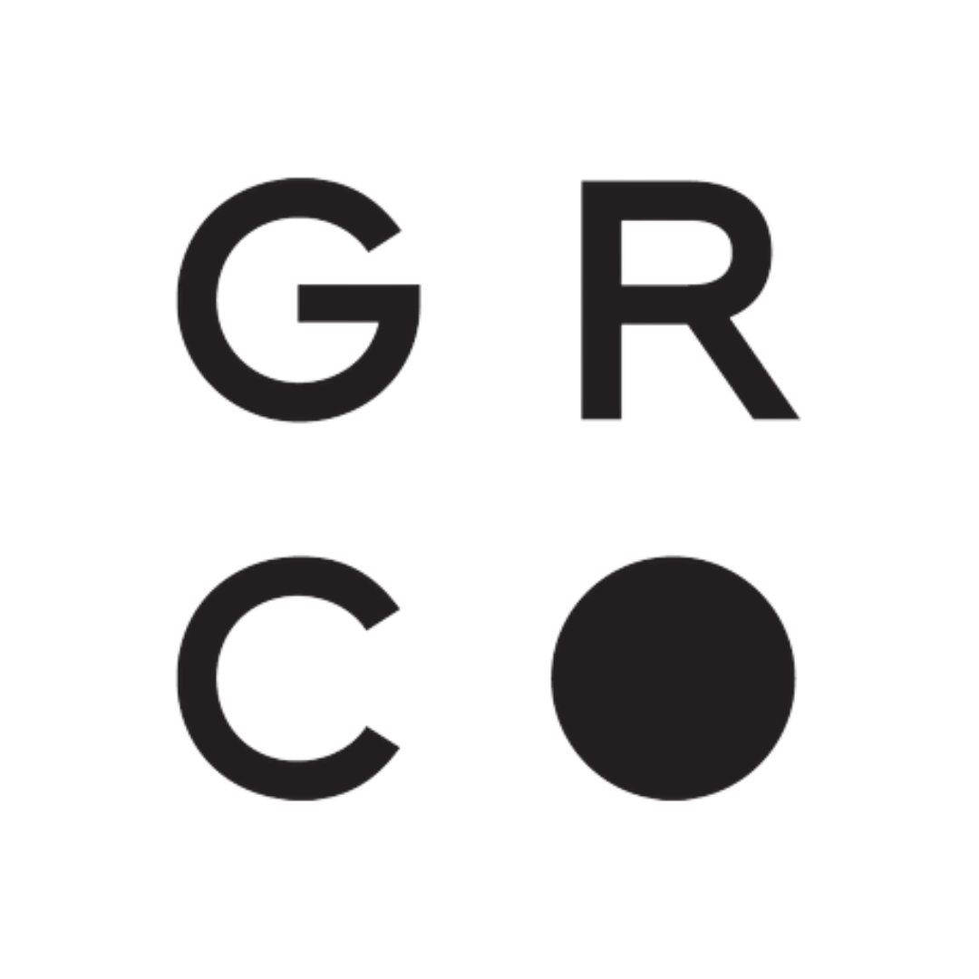 Black and white graphic showing the words 'G R' on the top row and 'C O' on the bottom row, with the letter 'O' replaced by a solid black circle.