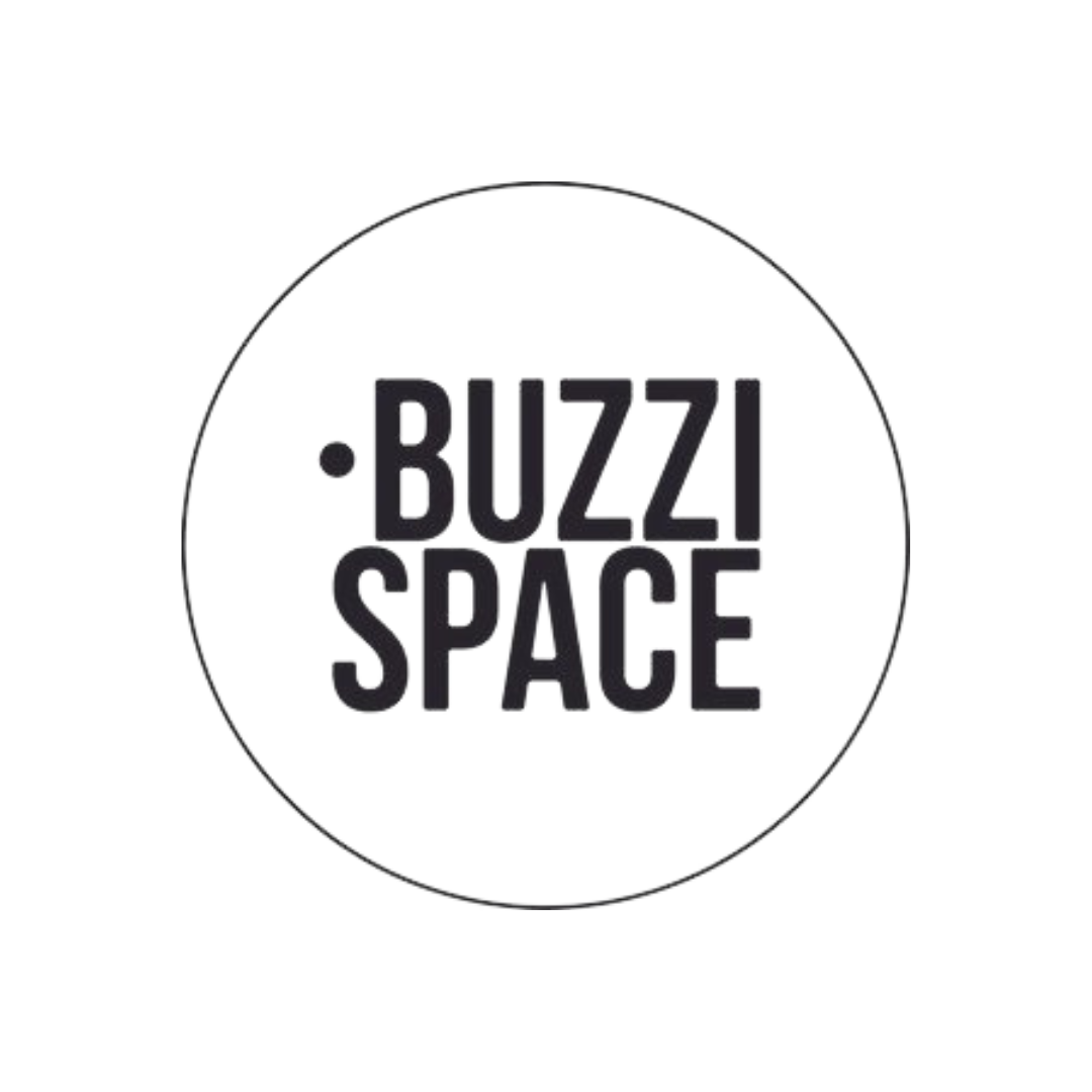 Black circular logo with the words 'BUZZI SPACE' in bold, capital letters.
